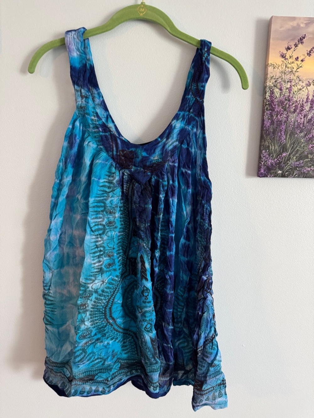 Blue Tie-Dye Scoop Neck Tank Top with Gathered Front